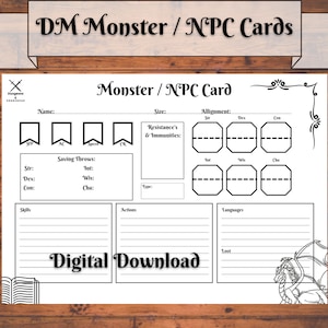 D&D DM Monster NPC Card Download digitale / Dungeons and Dragons Monster Tracker / Pdf / Accessori per schermo DM / Strumenti Dungeon Master