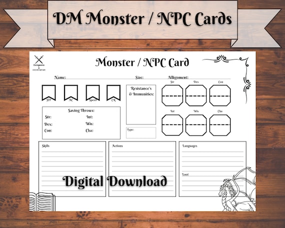 D&amp;D Monster NPC Stat Cards Printable Fillable PDF Dungeons, 40% OFF