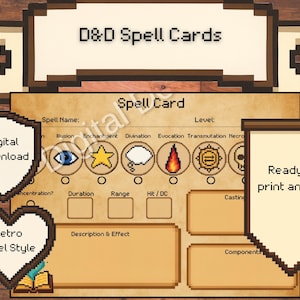 May include: Digital D&D Spell Cards in a retro pixel style, ready to print. The cards have sections for spell name, level, and spell details. The design includes icons for different spell schools and the text "Ready to print and use."