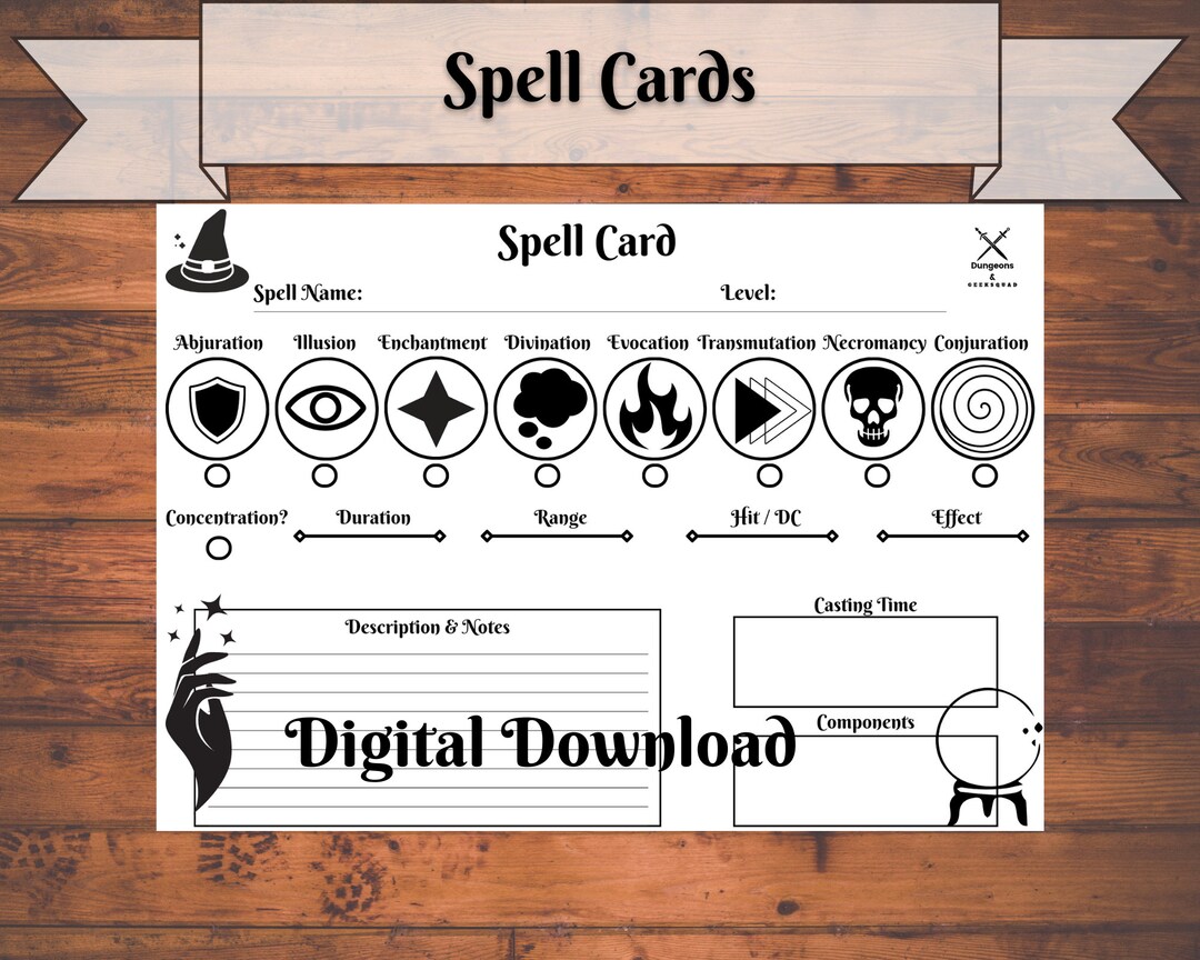 D&D DM and Player Spell Cards Digital Download / Dungeons and Dragons Spell Cards / Pdf / DM