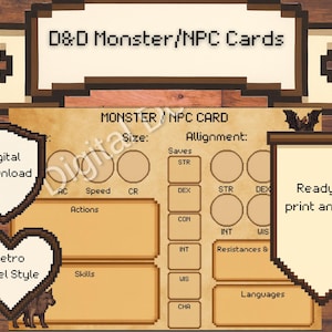Pode incluir: Um modelo de cartão D&D Monster/NPC para download digital em estilo pixel retrô. O cartão apresenta campos para tamanho, alinhamento, salvamentos, ações, habilidades, resistências e idiomas. Inclui o texto "Ready to print and use".