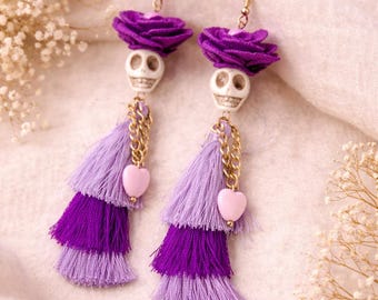 Sugar Skull Earrings, Catrina, Day of the Dead, Dias De Los Muertos Earrings, Skeleton Earrings, Day Of The Dead Earrings, Tassel Earrings