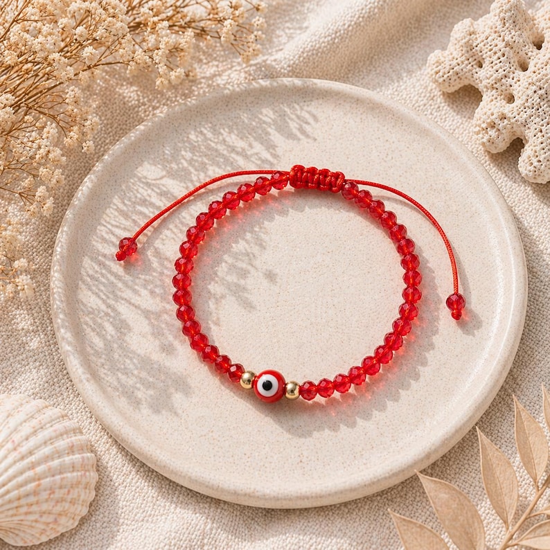 May include: Red beaded bracelet with an evil eye charm. The bracelet features small, faceted red beads strung on a red cord. A gold bead with a red and white evil eye charm is centered on the bracelet. The bracelet is displayed on a white plate.