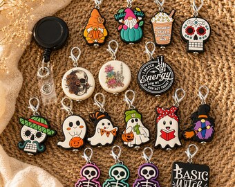 Fall Season Badge Reel Charm, Badge Reel Charm, Día de Los Muertos, Badge Reel, Halloween, Charms, Knitting Markers, Halloween Accessories