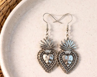 Sacred Heart Earrings, Mexican Earrings, Heart Earrings, Heart Jewelry, Mexican Jewelry