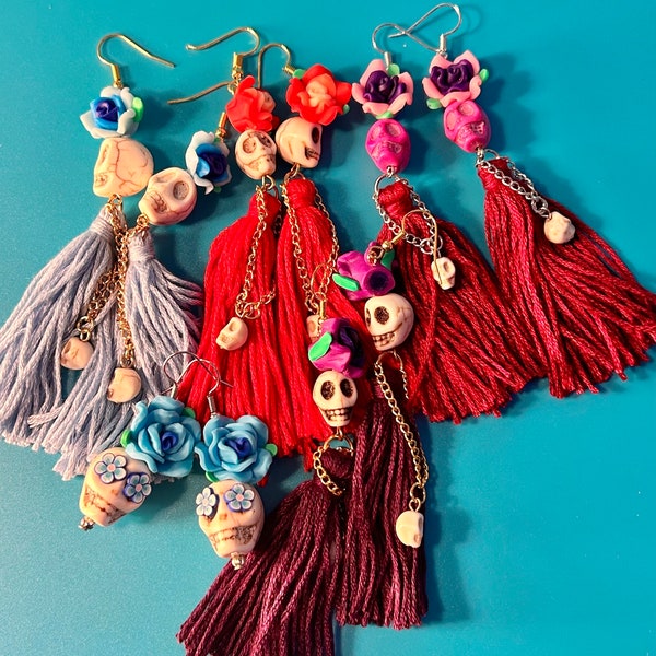 Sugar Skull Earrings, Catrina, Day of the Dead, Dias De Los Muertos Earrings, Skeleton Earrings, Day Of The Dead Earrings, Tassel Earrings