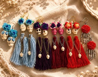 Sugar Skull Earrings, Catrina, Day of the Dead, Dias De Los Muertos Earrings, Skeleton Earrings, Day Of The Dead Earrings, Tassel Earrings