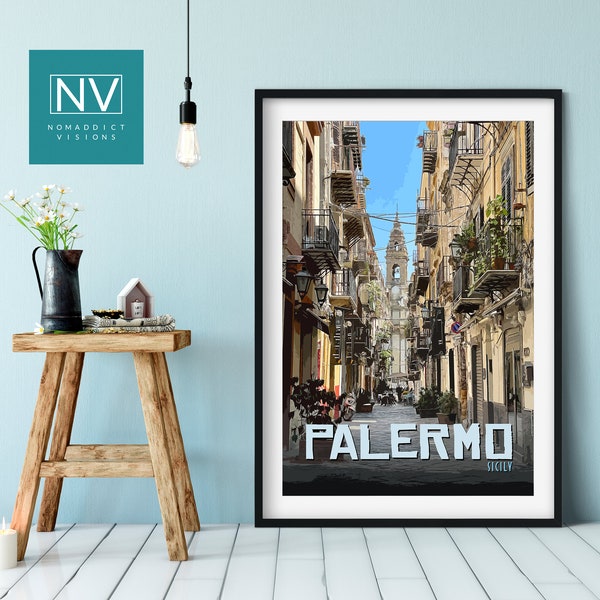 Palermo Sicily Vintage Travel Print: Iconic Old World Charm Wall Art, Retro Sicilian Street View Room Decor, Sicilia Region, Italy Poster