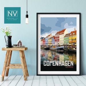 Copenhagen Denmark Vintage Travel Print: Charming Nyhaven Wall Art, Captivating Danish Harbor Wall Décor, Retro Scandinavian Canal Poster