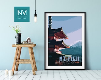 Mt. Fuji Japan Vintage Travel Print: Pagoda & Five Lakes Art