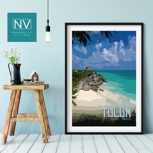 Tulum Mexico Vintage Travel Print: Iconic Mayan Ruins Wall Art, Tulum National Park Decor, Seaside Archeological Temple, Quintana Roo Poster