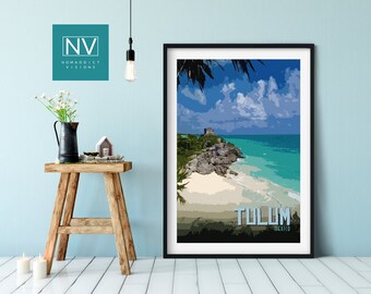 Tulum Mexico Travel Print: Mayan Ruins, Seaside Temple