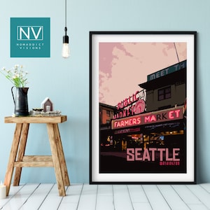 Pike Place Market Vintage Travel Print: Iconic Seattle Washington Landmark Wall Art, Retro Farmer&#39;s Market Decor, Pacific Northwest Poster
