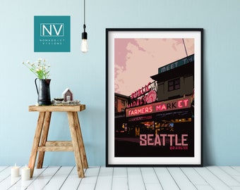 Pike Place Market Print: Seattle Washington Landmark, Retro Travel Poster