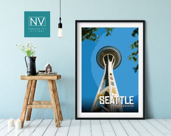 Seattle Washington Travel Poster, Space Needle Print, Pacific Northwest Wall Art, Seattle Skyline Decor, USA Travel Gift
