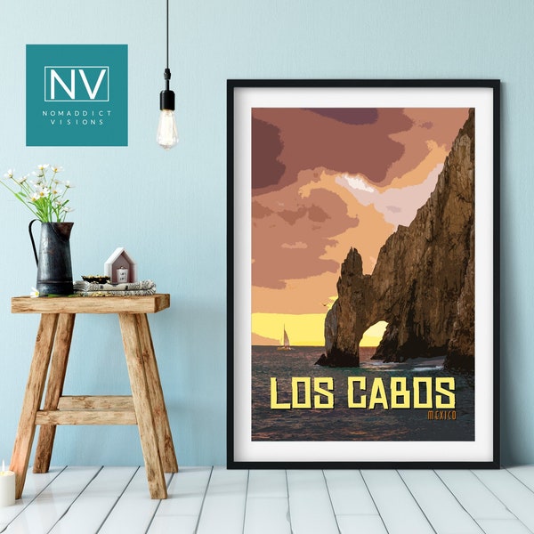 Los Cabos Mexiko Vintage Travel Print: Kultige Natursehenswürdigkeit Wandkunst, El Arco Cabo San Lucas Dekor, Sea of Cortez Baja California Poster