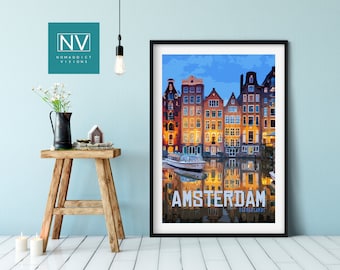 Amsterdam Canal Vintage Travel Print: Dutch Cityscape Wall Art