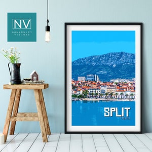 May include: A colorful travel poster with a blue sky, a mountain range, and a cityscape with the text "SPLIT CROATIA" in white letters.