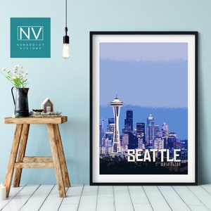 Seattle Vintage Skyline Travel Print: Urban Cityscape Wall Art, Iconic Space Needle Room Decor, Stunning Pacific Northwest Washington Poster