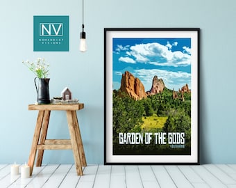 Garden of the Gods Travel Print: Retro Colorado Red Rock Art