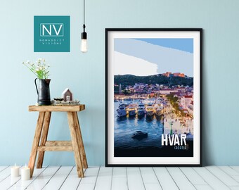 Hvar Croatia Vintage Travel Print: Adriatic Seaport & Fortica Fortress