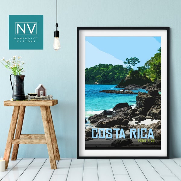 Costa Rica Pura Vida Vintage Travel Print: Manuel Antonio Rocky Beach Wall Art, Retro Central American Room Décor, Calming Puntarenas Poster