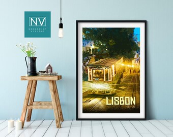 Lisbon Portugal Vintage Travel Print: Electricos Trolly Cityscape Wall Art