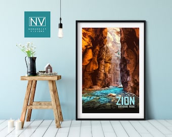 Zion National Park Travel Poster, The Narrows Utah Print, Vintage National Park Wall Art, Southwest Desert Decor, Hiking Gift, Nature Poster