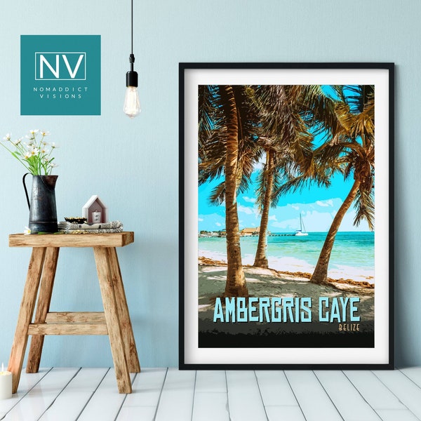 Ambergris Caye Belize Vintage Travel Print: Calming Caribbean Seaside Wall Art, Tropical Beach Room Decor, Retro Central American Poster