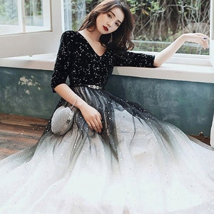 Black Ombre Star Evening Dress For Women Gradient Black Shining Evening Dress V-neck Formal Gowns Black and White Glow Lady Prom Dress
