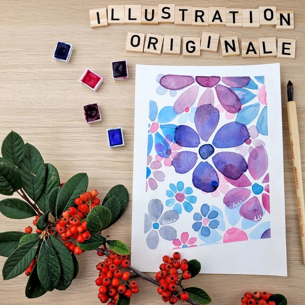 Illustration floral originale - Aquarelle - "Le pardon" - Violet, rose, bleu - Format A5 - Décoration, cadeau - Peint à la main !