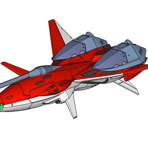Puede incluir: Una nave espacial roja y blanca con un cono de nariz gris y dos cañones grises en la parte superior. La nave espacial tiene un cañón largo y delgado que se extiende desde la parte delantera.