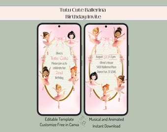 May include: Pink digital invitation on a phone screen, featuring ballerina illustrations. The text reads "Tutu Cute Ballerina Birthday Invite" and includes event details. The invitation is customizable and animated.