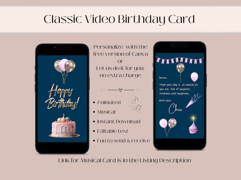 Pu&ograve; includere: Un biglietto di auguri di compleanno digitale con sfondo blu e una torta con glassa rosa e blu. La carta presenta anche palloncini e il testo "Buon compleanno!" La carta pu&ograve; essere personalizzata con la versione gratuita di Canva o dal venditore a un costo aggiuntivo. La carta &egrave; animata e musicale, e pu&ograve; essere scaricata istantaneamente, modificata e inviata o ricevuta.