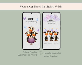 Animated Musical Birthday Video Card, Punny Cow E-card, Editable Canva Template (Instant Download)