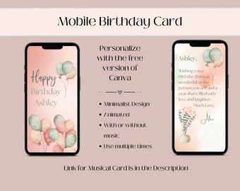 Animated Birthday E-card for Mobile Phone, Personalized Video Birthday Card, Canva Template, Smartphone, iPhone, Android