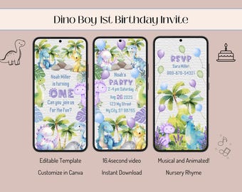 May include: A digital invitation for a dinosaur themed first birthday party. The invitation features a purple, green, and blue dinosaur with a light blue background. The text on the invitation reads "Noah's Party" and includes the date, time, and location of the party. The invitation also includes an RSVP section with a phone number.