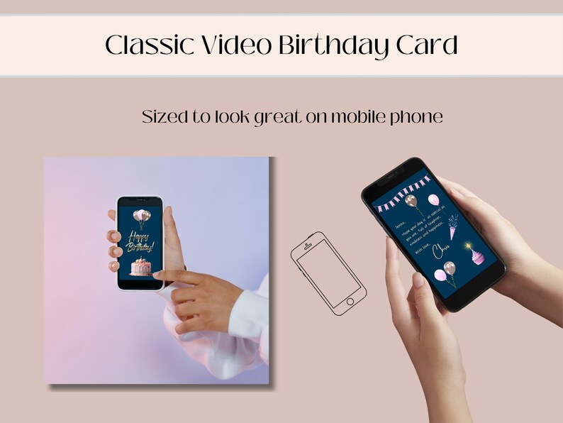 Pu&ograve; includere: Una persona tiene in mano uno smartphone che mostra un biglietto di auguri di compleanno con una torta, palloncini e il testo "Buon compleanno!" La carta &egrave; progettata in uno stile classico con uno sfondo blu scuro e dettagli dorati.