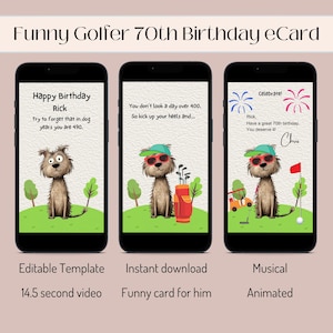 Funny Golf Birthday Card for Him/Dad, Funny 70th Birthday Card, Birthday E-card Video for Mobile Phone, Funny Birthday Card Template