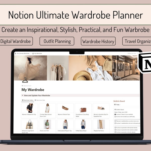 Wardrobe Planner Notion, Notion Outfit Planner, Notion Wardrobe, Wardrobe Travel Planner, Wardrobe Notion Template, Wardrobe Organizer