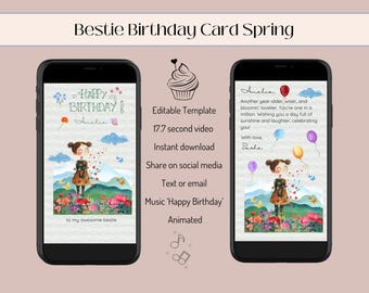 Tarjeta electrónica animada de cumpleaños de primavera para tu mejor amiga (descarga digital)