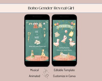 May include: Two smartphones displaying digital gender reveal templates on a green background. The left screen shows "HE or SHE" and "What will baby Evans be?" with baby items. The right screen shows "IT'S A GIRL!" and "Loving Parents, Ellie and Jason Evans".