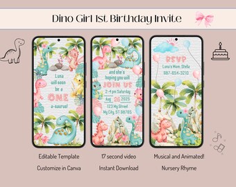 May include: A digital invitation for a girl's first birthday party with a dinosaur theme. The invitation features a pink and blue color scheme with illustrations of dinosaurs, palm trees, and a cake. The text on the invitation reads "Dino Girl 1st Birthday Invite", "Luna will soon be a one-a-saurus!" and "Join Us 2-4 pm Saturday Aug 26 2025 123 My Street My City, ST 96765".