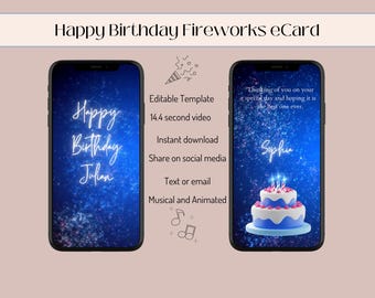 Blue Video Birthday Card with Fireworks, Animated e-Card Template Editable in Canva, Mobile Video  Birthday Card Sized for Smartphone