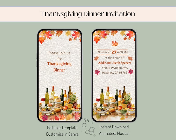 Featured listing image: Thanksgiving Dinner Video Invitation, Animated Musical Evite, Fall Harvest, Editable Canva Template, Instant Download MP4