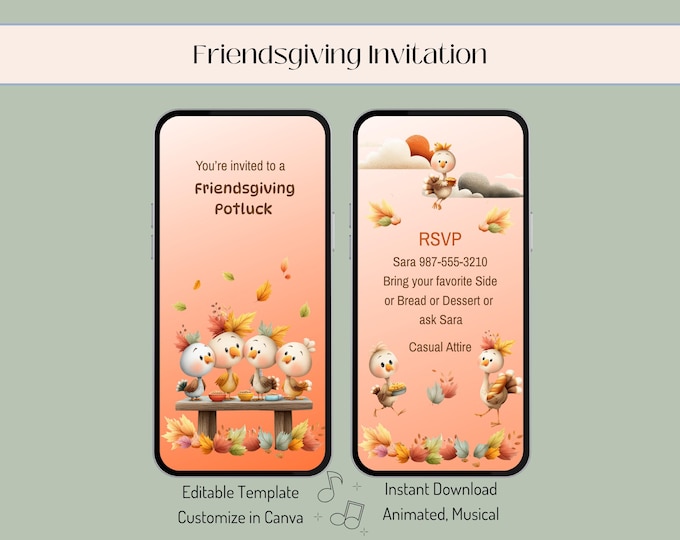 Featured listing image: Friendsgiving Dinner Invite Video, Animated Musical Evite, Cute Turkey Theme, Editable Canva Template, Instant Download MP4