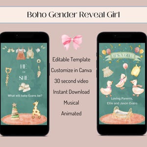 Plantilla de video de revelación de género de It's a Girl Boho editable en Canva, ideas de revelación de género, revelación de It's a Girl, anuncio de saludo digital
