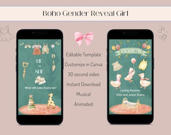 Boho It's a Girl Gender Reveal Video Template (Digital Download)