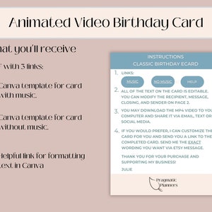 Pu&ograve; includere: Un PDF stampabile blu chiaro e bianco con istruzioni per creare un biglietto di auguri di compleanno classico. Il PDF include link a modelli Canva per un biglietto con musica e un biglietto senza musica. Include anche un link per la formattazione del testo in Canva. Il testo sul biglietto &egrave; modificabile, e puoi modificare il destinatario, il messaggio, la chiusura e il mittente. Puoi scaricare il video MP4 sul tuo computer e condividerlo tramite email, messaggio di testo o social media. Puoi anche personalizzare il biglietto e ricevere un link al biglietto completato. Il PDF include il testo "Pragmatic Planners".