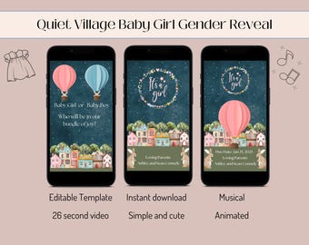 May include: A digital gender reveal video template with three different styles: a question mark with balloons, a pink balloon with the text "It's a girl", and an animated musical version. The video features a village of colorful houses with a night sky background.